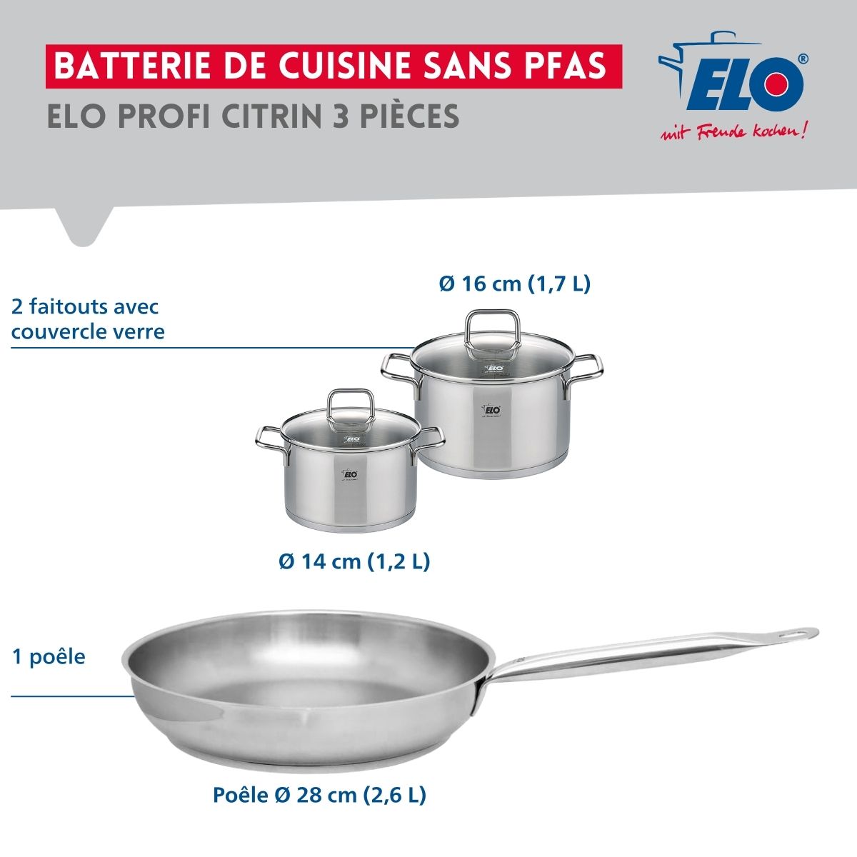 Ensemble de 1 Poêle de cuisson 28 cm et 2 faitouts 14 et 16 cm  Profi Citrin Elo - Mathon - 2