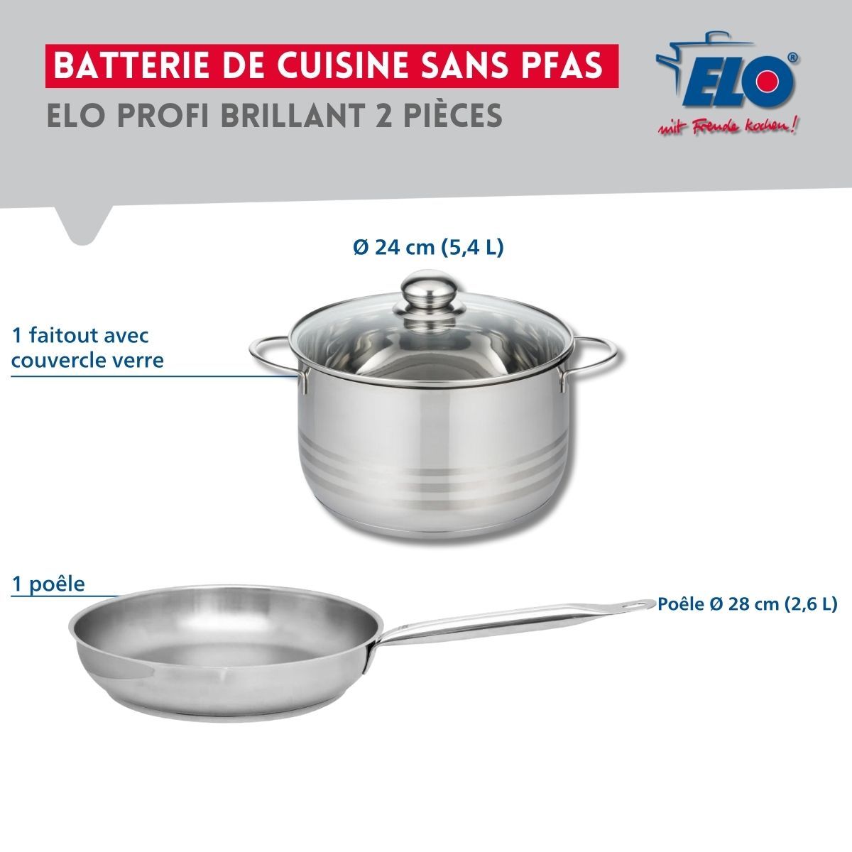 Ensemble de 1 Poêle de cuisson 28 cm et 1 faitout 24 cm  Profi Brillant Elo - Mathon - 2