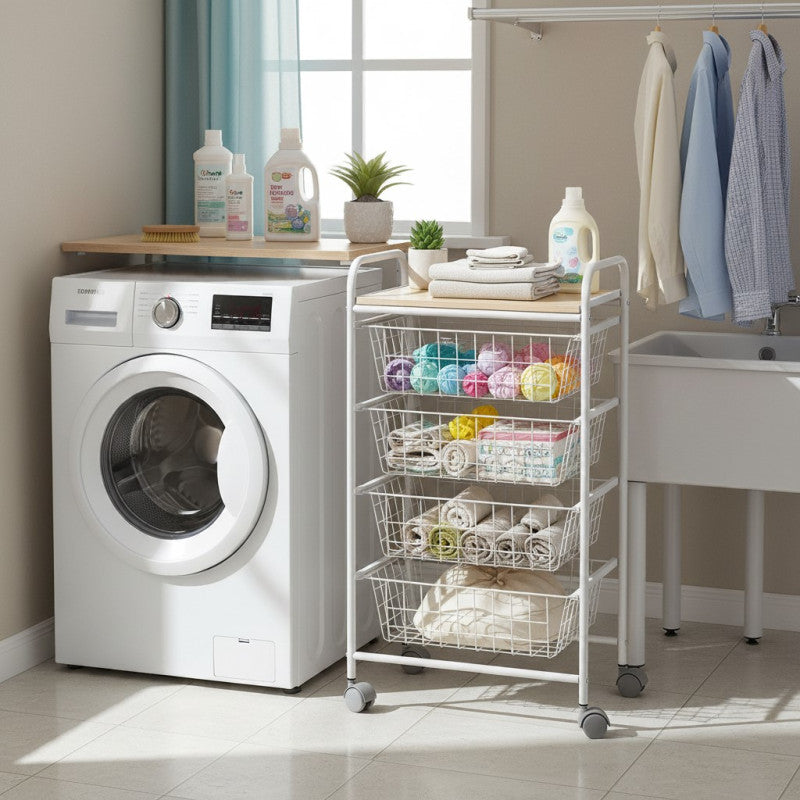 Chariot de cuisine fiesta avec 4 paniers amovibles – desserte polyvalente, blanc et hêtre Don Hierro - Mathon - 3