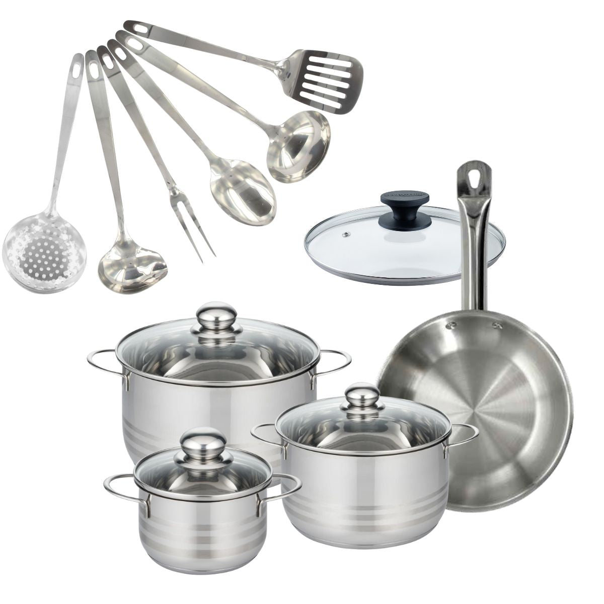 Set 1 poêle 24 cm en inox et couvercle, 3 faitouts inox 16, 20 et 24 cm et 6 ustensiles inox  Eterna Fackelmann - Mathon - 1