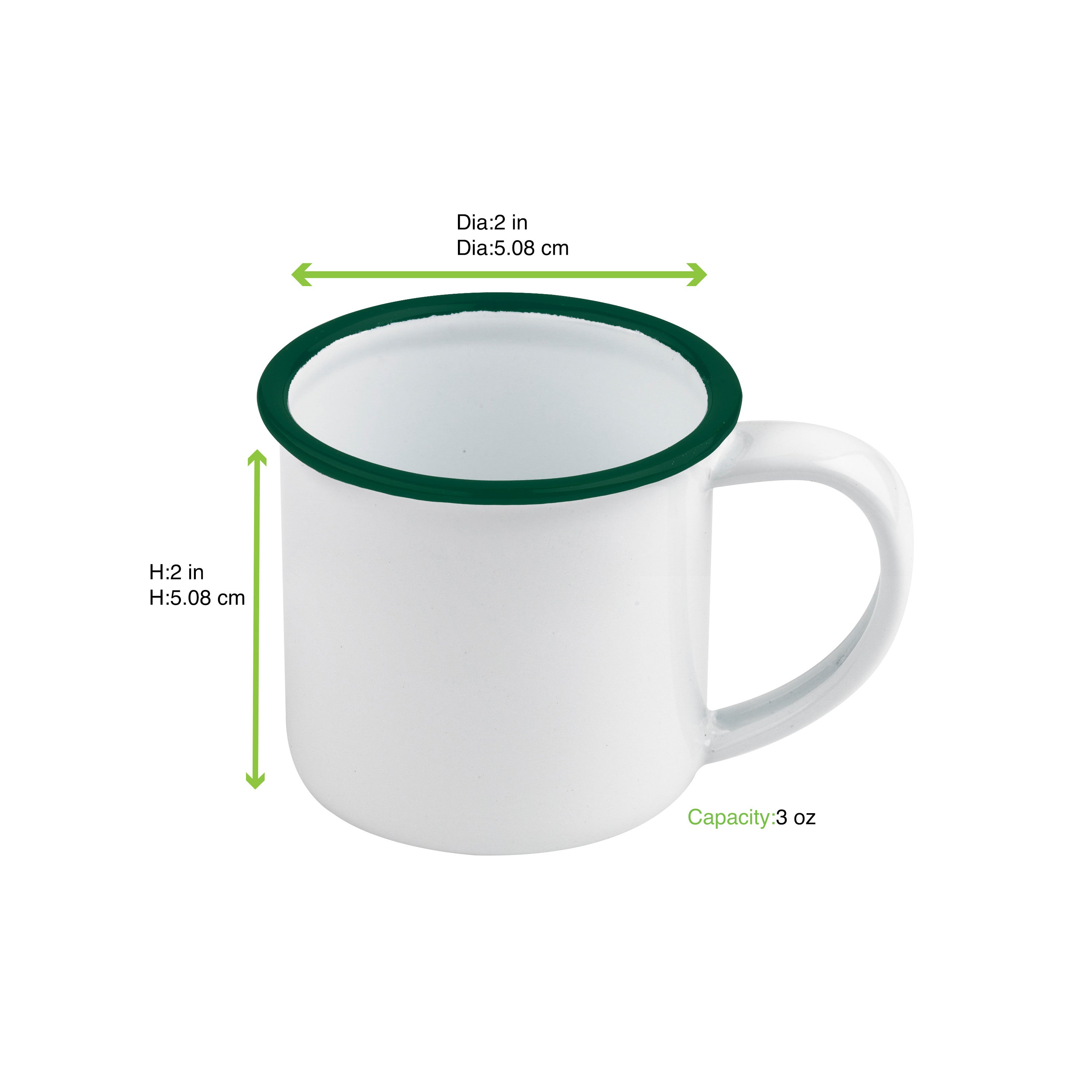 12Pcs - Mini mug Enamel blanc en acier émaillé à bord vert   H50mm 90ml FirstPack - Mathon - 2