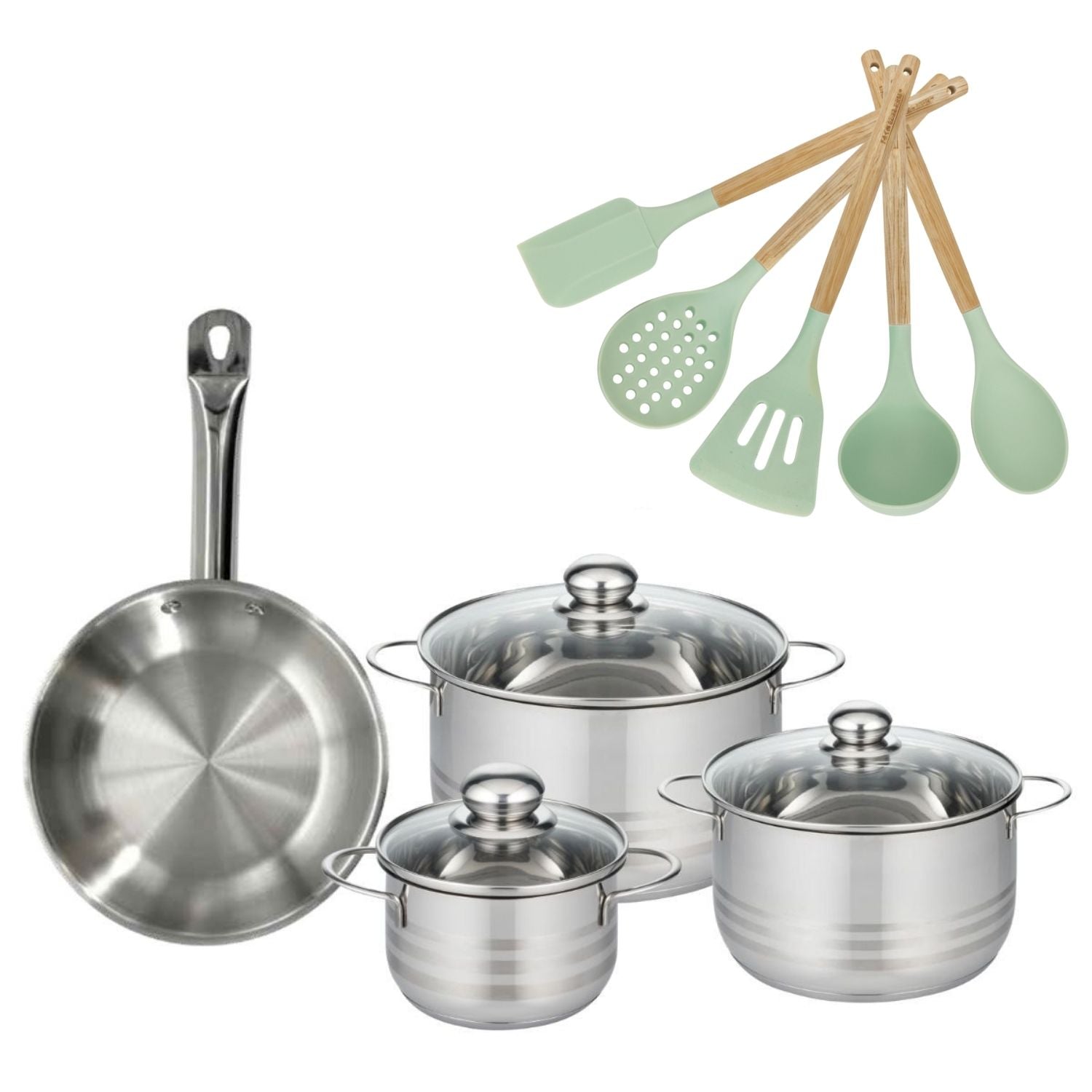 Lot Poêle 24cm et 3 Faitouts 16/20/24cm  Etherna avec 5 ustensiles Fackelmann - Mathon - 1