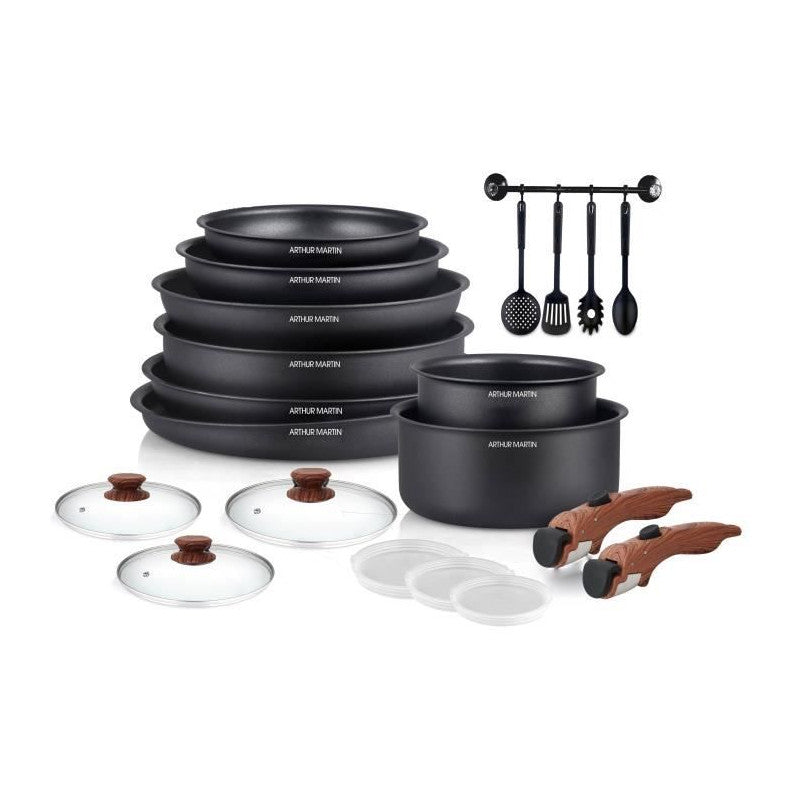 Batterie De Cuisine - Tous Feux Dont Induction -   - Am0530 - Aluminium - Anti-adhésif - 20 Pieces - Poignée Amovi Arthur Martin - Mathon
