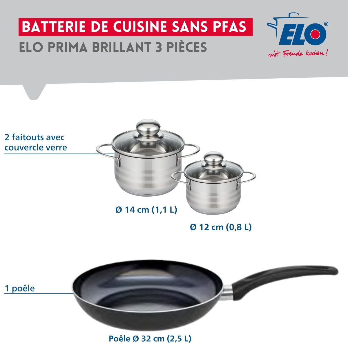 Ensemble de 1 Poêle de cuisson 32 cm et 2 faitouts 12 et 14 cm  Prima Brillant Elo - Mathon - 2