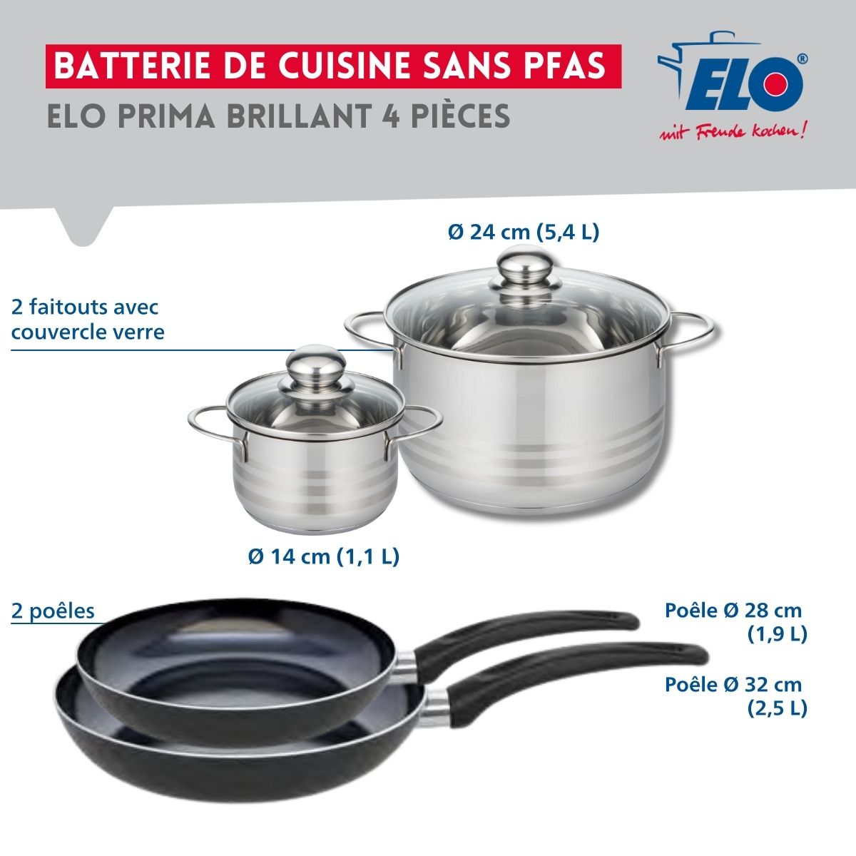 Ensemble de 2 Poêles de cuisson 28 et 32 cm et 2 faitouts 14 et 24 cm  Prima Brillant Elo - Mathon - 2