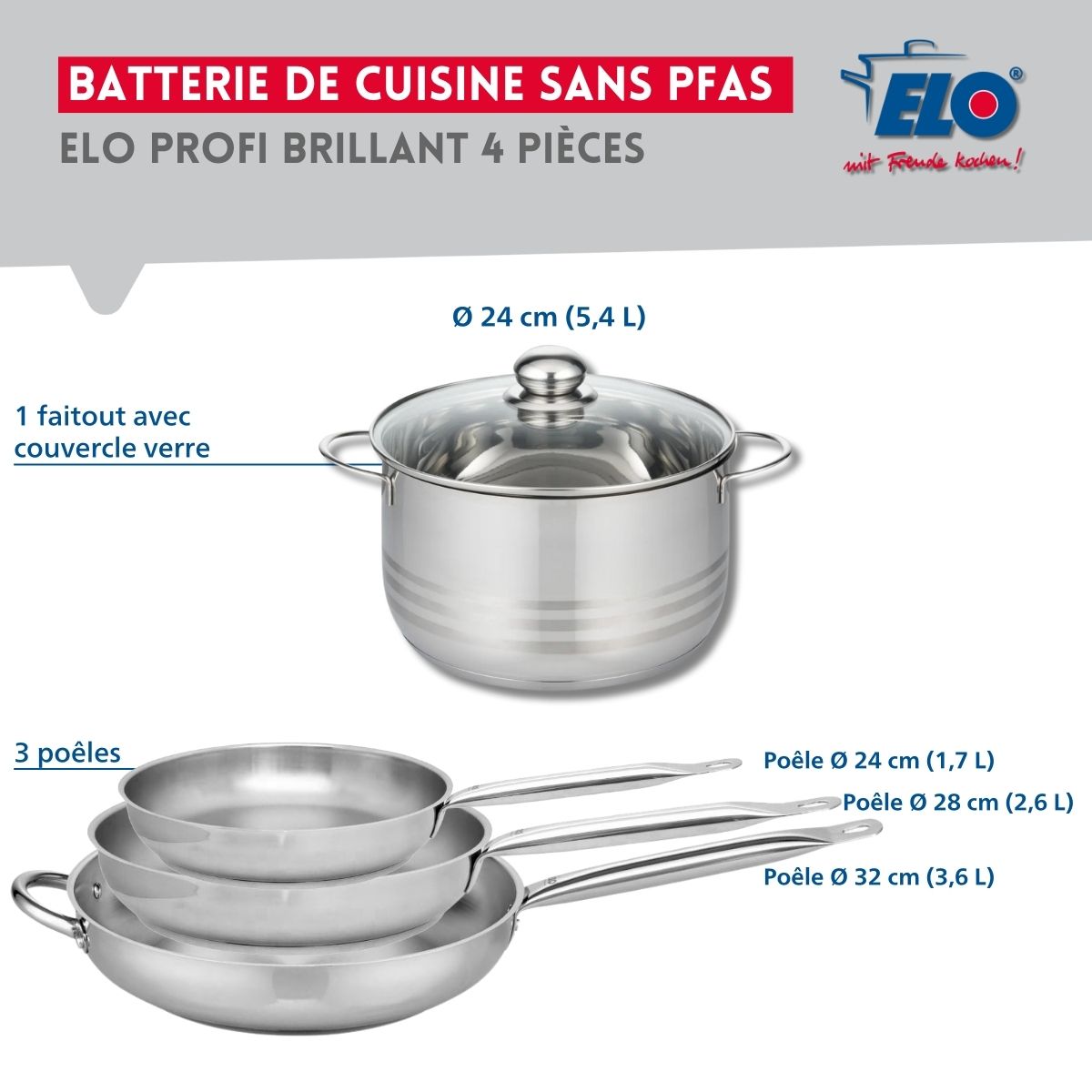 Ensemble de 3 Poêles de cuisson 24, 28 et 32 cm et 1 faitout 24 cm  Profi Brillant Elo - Mathon - 2