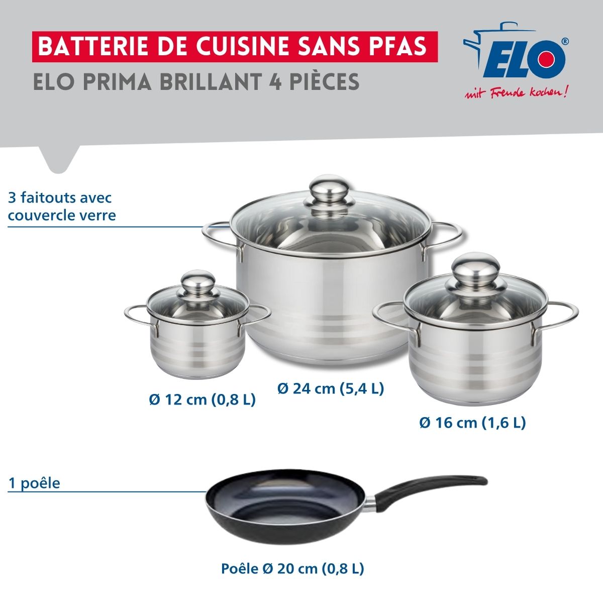 Ensemble de 1 Poêle de cuisson 20 cm et 3 faitouts 12, 16 et 24 cm  Prima Brillant Elo - Mathon - 2