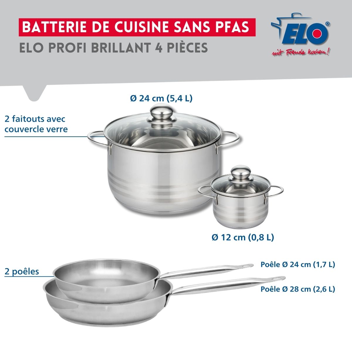 Ensemble de 2 Poêles de cuisson 24 et 28 cm et 2 faitouts 12 et 24 cm  Profi Brillant Elo - Mathon - 2
