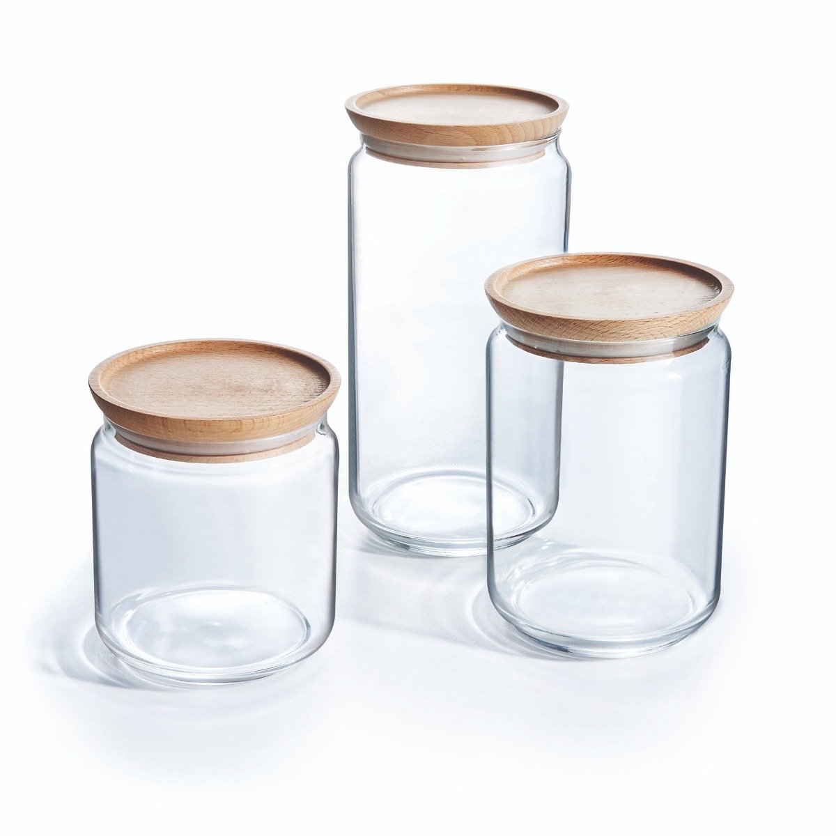 Lot de 3 pots de conservation Pure Jar Wood - Luminarc - En verre avec couvercle hermétique bois - 1,5L + 1L + 0,75L Luminarc - Mathon - 1