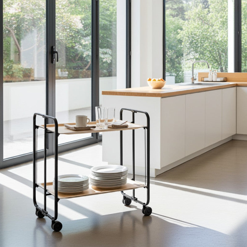 Desserte pliante 2 niveaux avec roulettes – structure noire, bauhaus Don Hierro - Mathon - 2