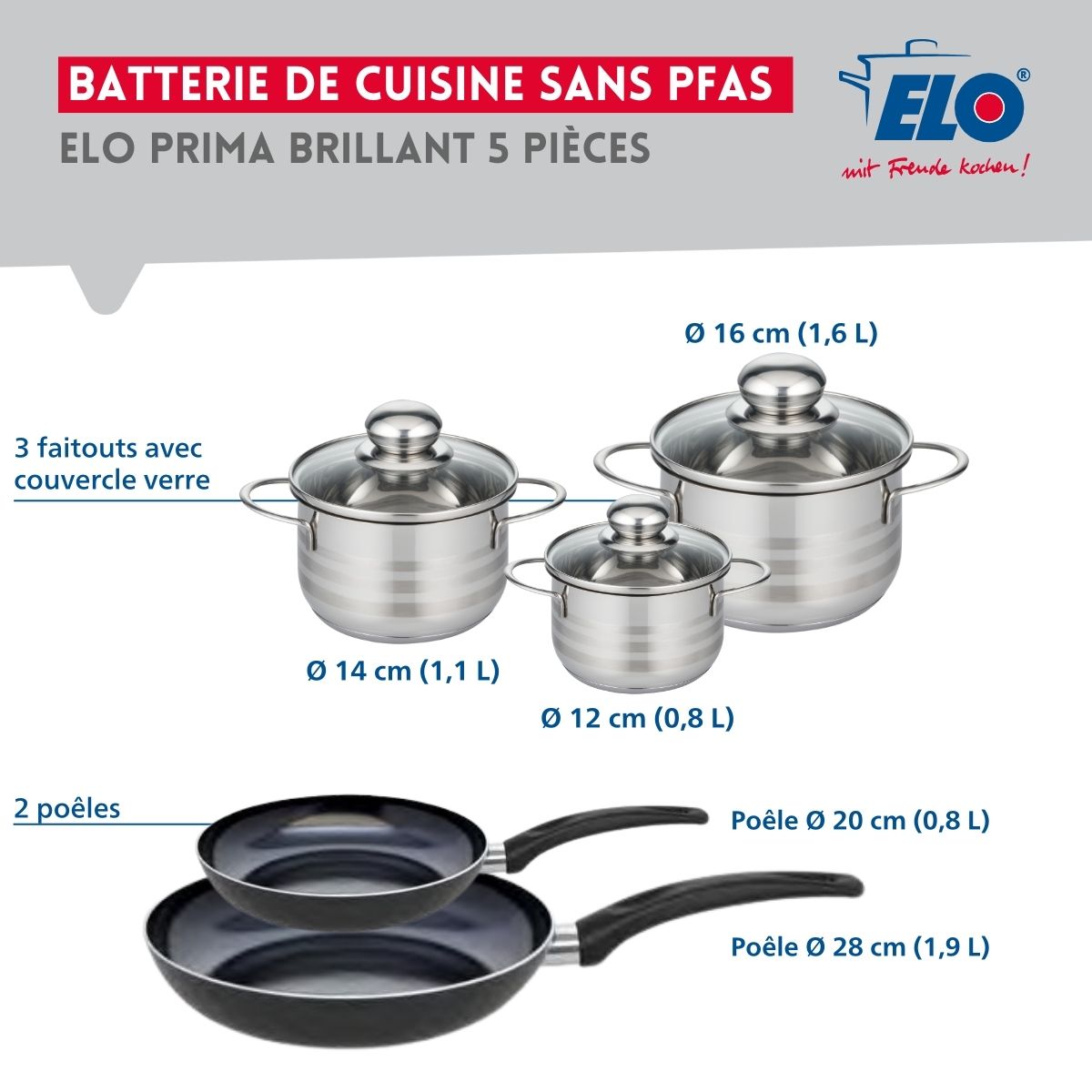 Ensemble de 2 Poêles de cuisson 20 et 28 cm et 3 faitouts 12, 14 et 16 cm  Prima Brillant Elo - Mathon - 2