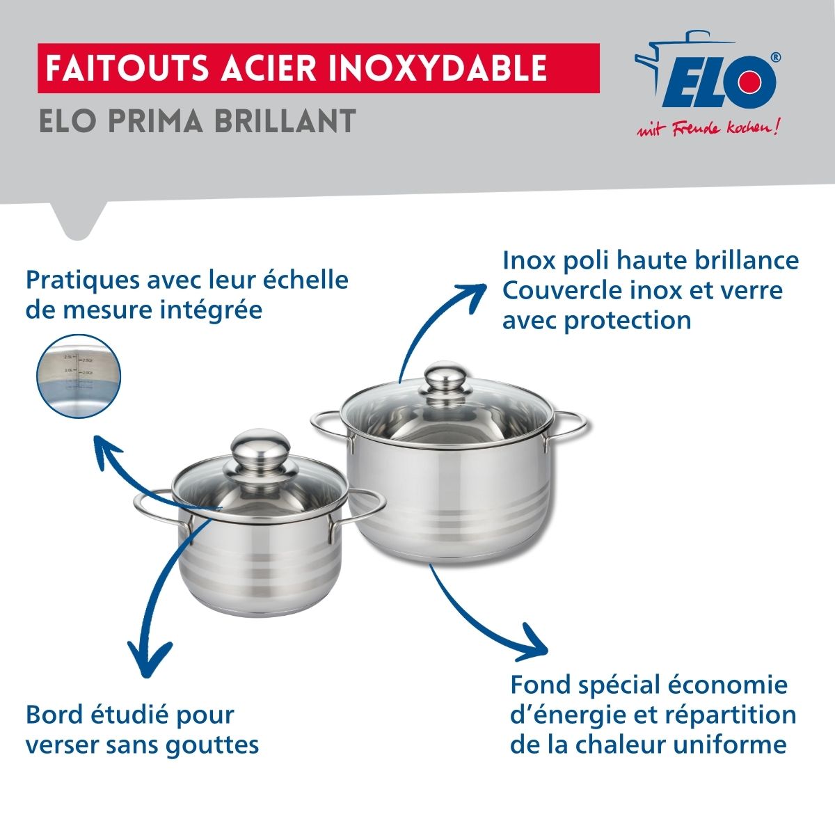 Ensemble de 2 Poêles de cuisson 24 et 32 cm et 2 faitouts 16 et 20 cm  Profi Brillant Elo - Mathon - 3