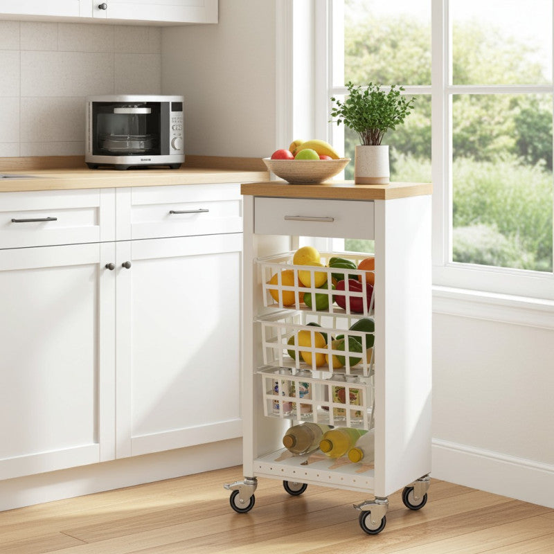 Desserte de cuisine KARA, blanc-inox-Bois Orme Don Hierro - Mathon - 2