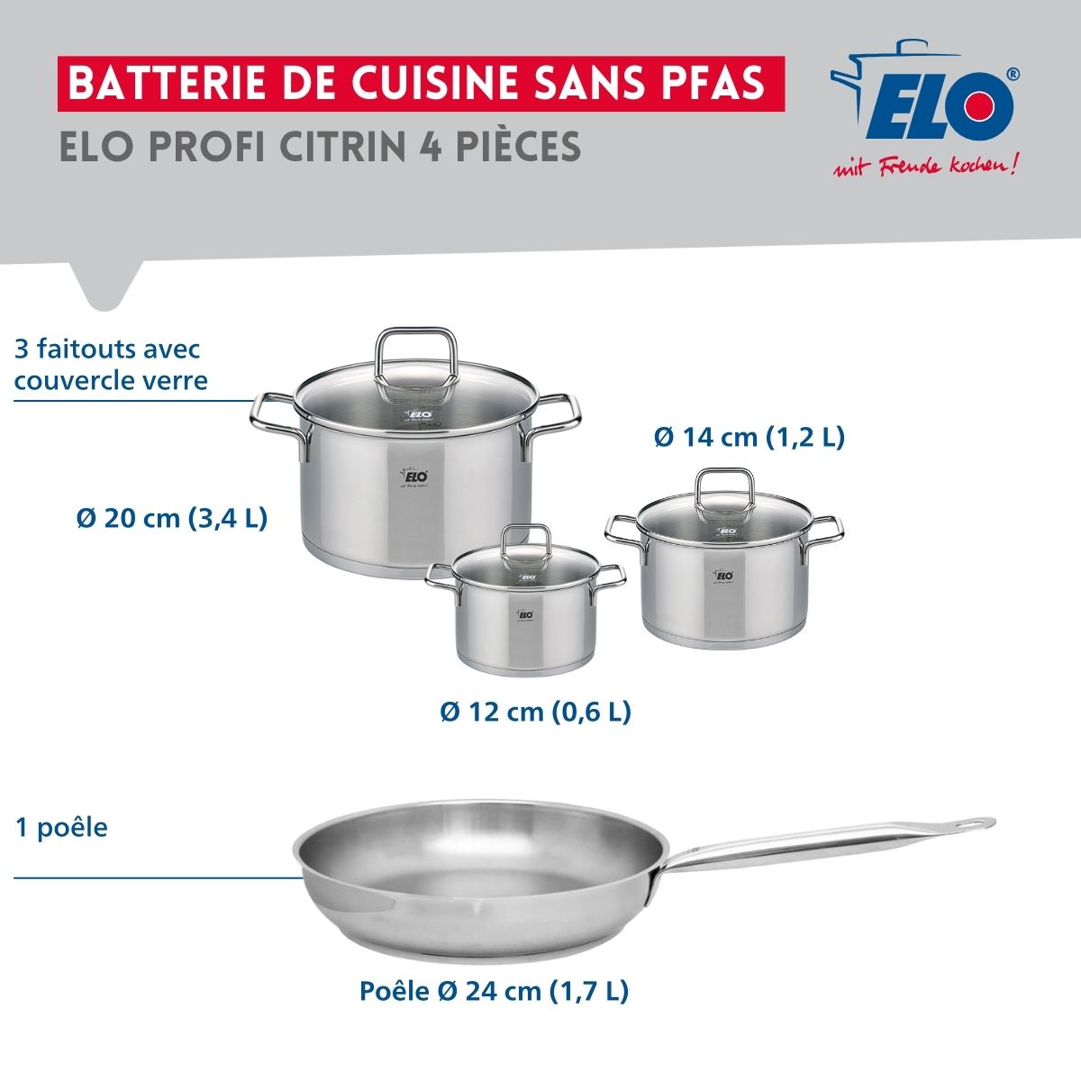 Ensemble de 1 Poêle de cuisson 24 cm et 3 faitouts 12, 14 et 20 cm  Profi Citrin Elo - Mathon - 2