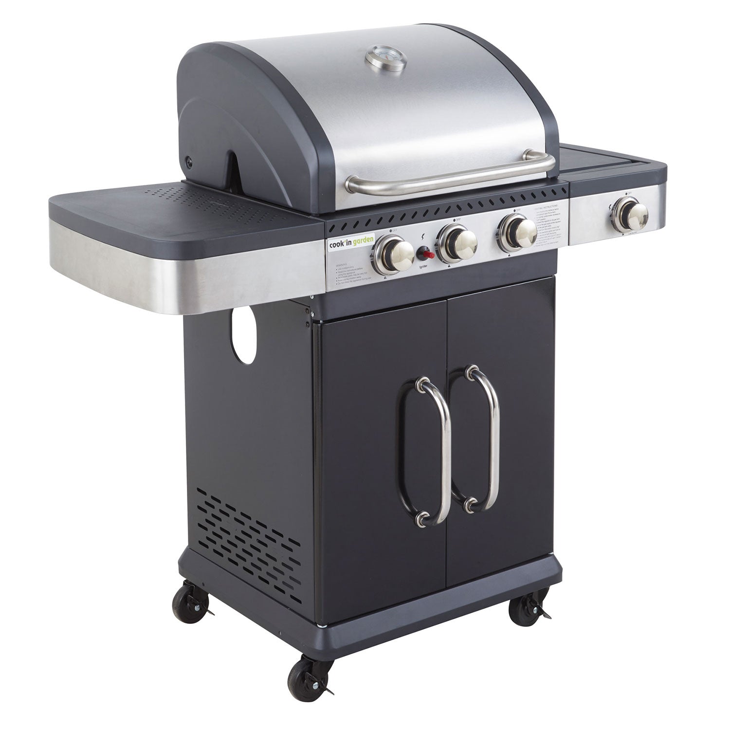 Barbecue au gaz FIDGI 3 avec thermomètre - 3 brûleurs + réchaud 11,5kW Cook