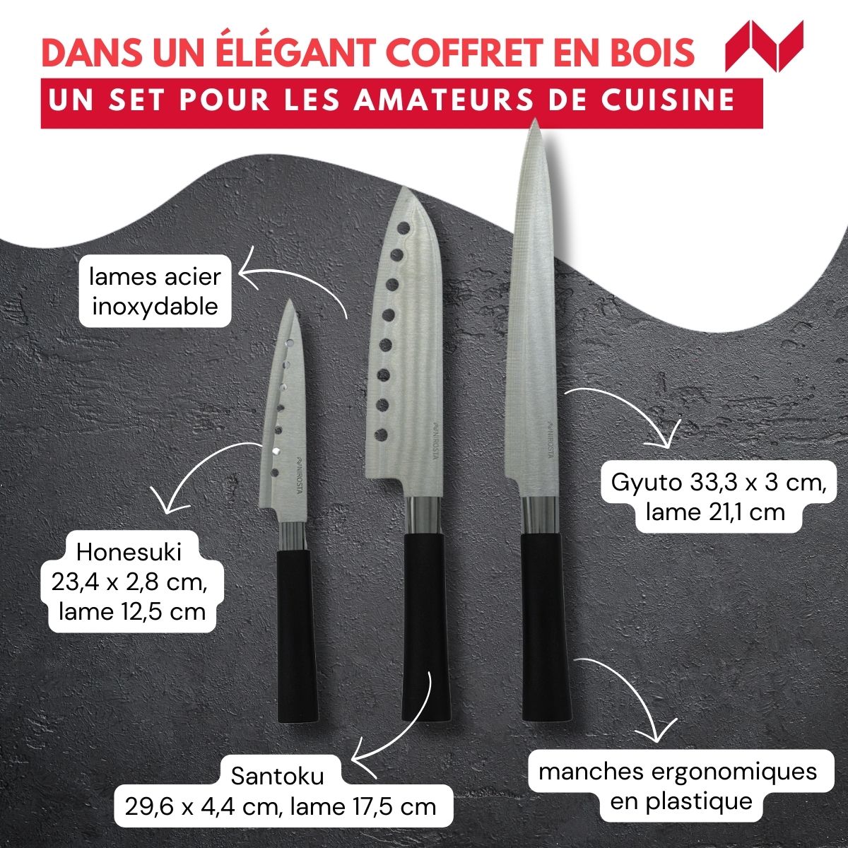 Coffret de 3 couteaux style Japonais en acier Santoku, Gyuto et Honesuki Fackelmann - Mathon - 3