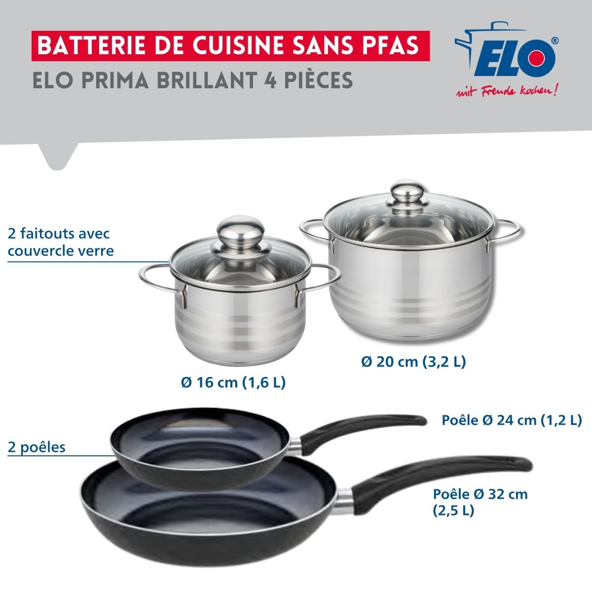 Ensemble de 2 Poêles de cuisson 24 et 32 cm et 2 faitouts 16 et 20 cm  Prima Brillant Elo - Mathon - 2