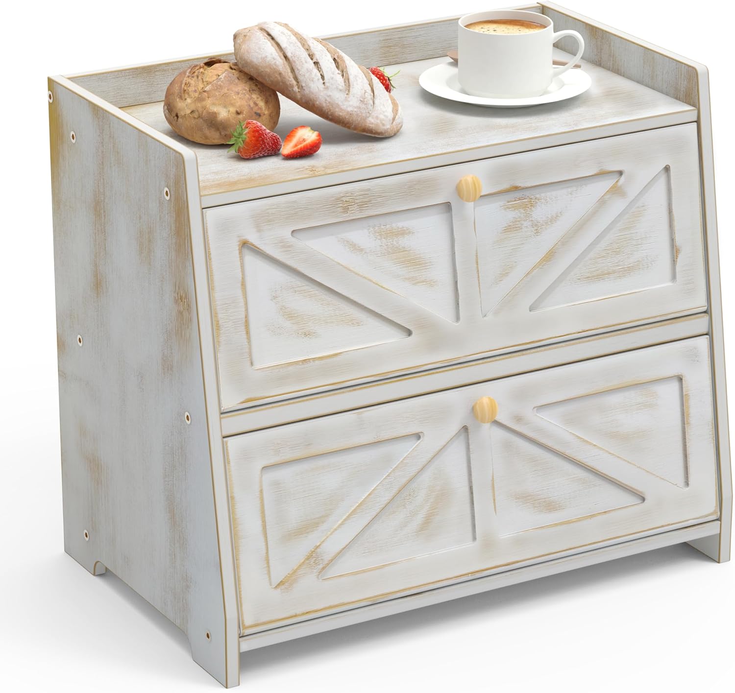 Boîte à pain en bambou à 2 étages - Pour plan de travail de cuisine 40 x 25 x 35 cm - blanc vieilli Vendos85 - Mathon