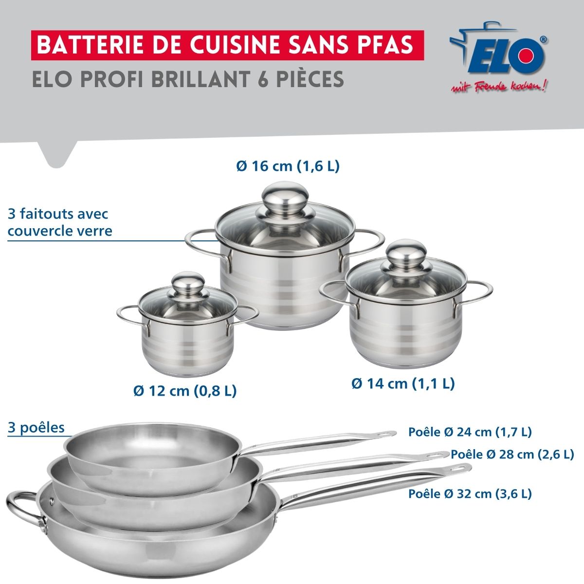 Ensemble de 3 Poêles de cuisson 24, 28 et 32 cm et 3 faitouts 12, 14 et 16 cm  Profi Brillant Elo - Mathon - 2