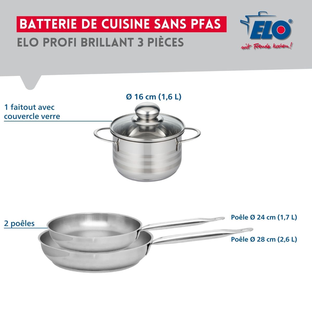 Ensemble de 2 Poêles de cuisson 24 et 28 cm et 1 faitout 16 cm  Profi Brillant Elo - Mathon - 2
