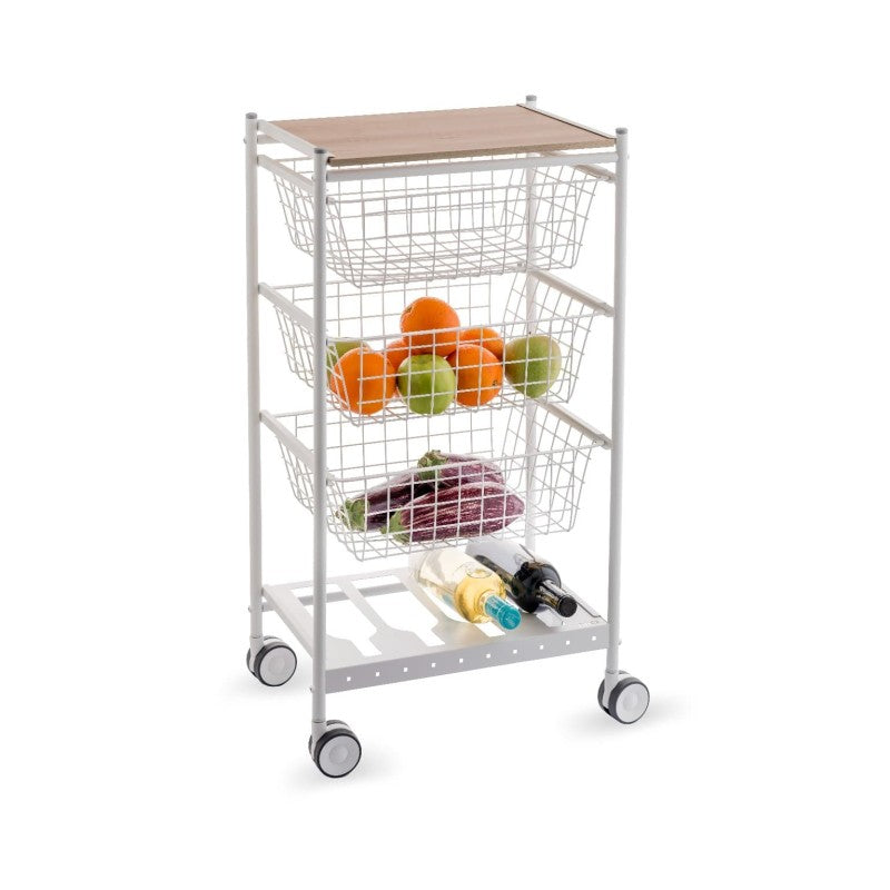 Desserte de cuisine karina, 3 grands paniers coulissants et porte-bouteilles, blanc-hêtre Don Hierro - Mathon - 1