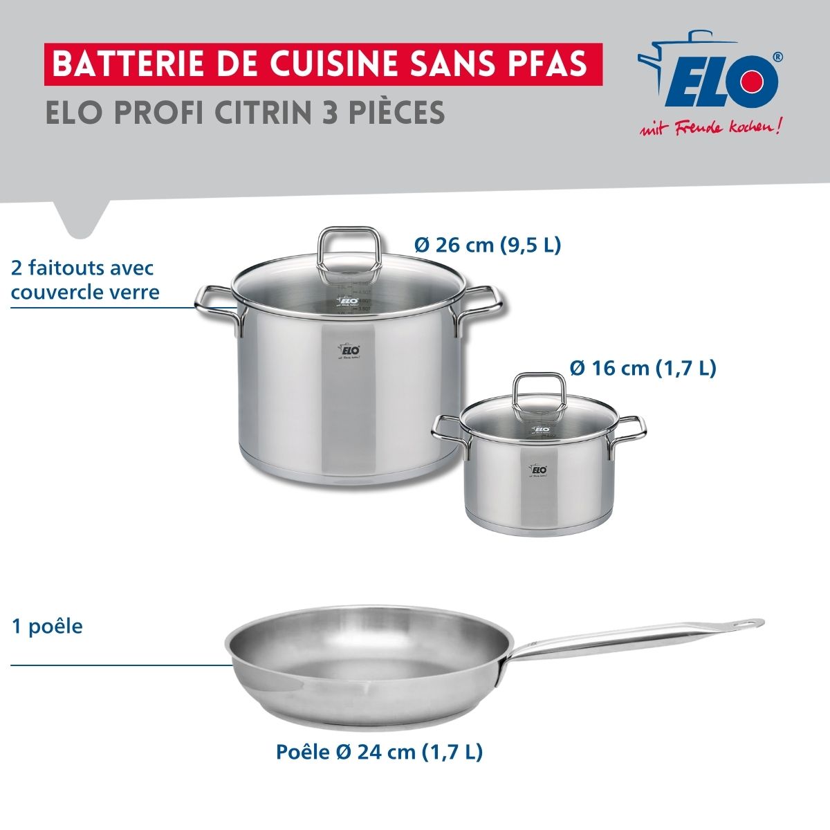 Ensemble de 1 Poêle de cuisson 24 cm et 2 faitouts 16 et 26 cm  Profi Citrin Elo - Mathon - 2