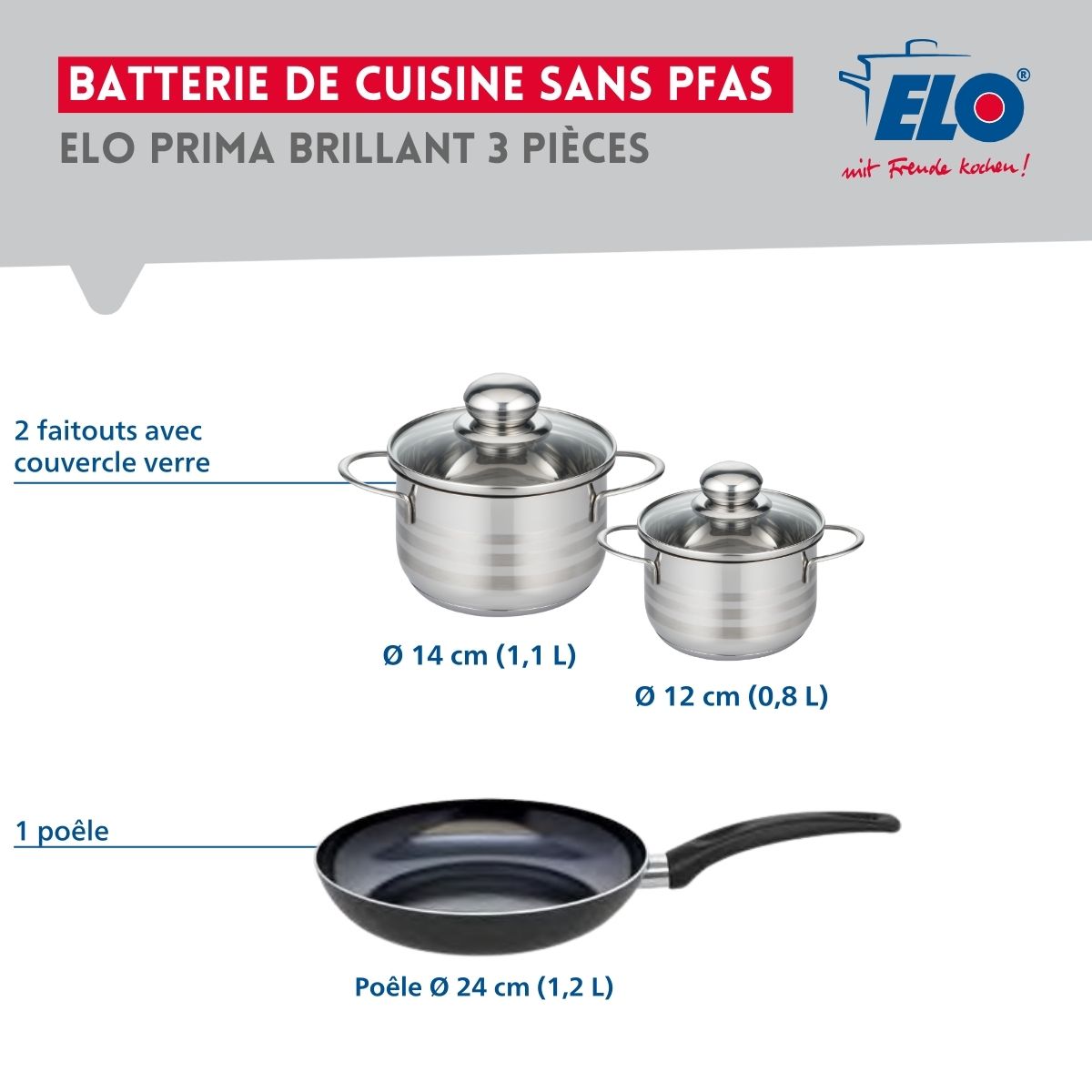Ensemble de 1 Poêle de cuisson 24 cm et 2 faitouts 12 et 14 cm  Prima Brillant Elo - Mathon - 2