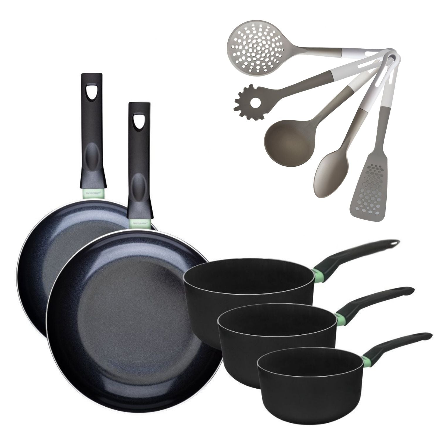Lot de 2 Poêles 24/28 cm & 3 Casseroles 16/18/20 cm  Brandao avec 5 ustensiles Fackelmann - Mathon - 1
