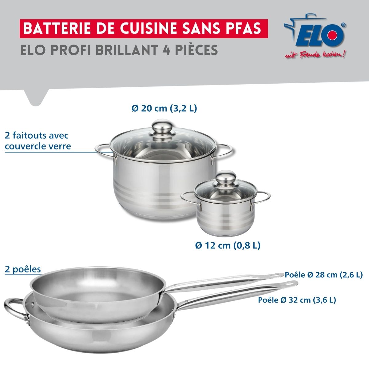 Ensemble de 2 Poêles de cuisson 28 et 32 cm et 2 faitouts 12 et 20 cm  Profi Brillant Elo - Mathon - 2