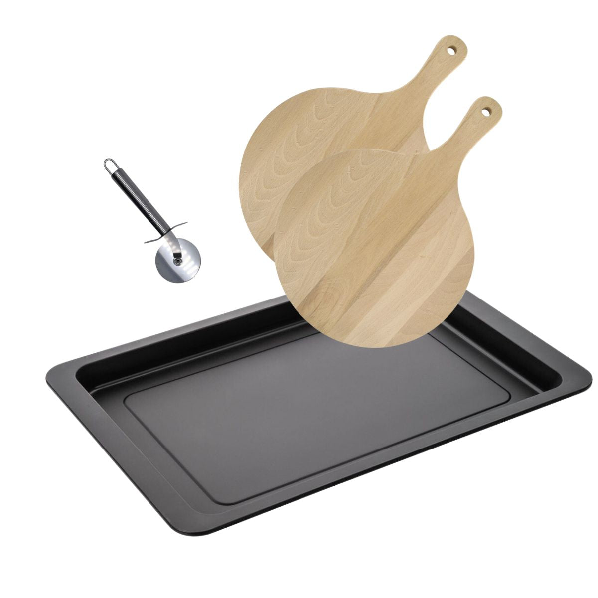 Ensemble pour pizza avec une plaque de cuisson four, 2 planches à pizza rondes et une roulette à pizza Fackelmann - Mathon - 1