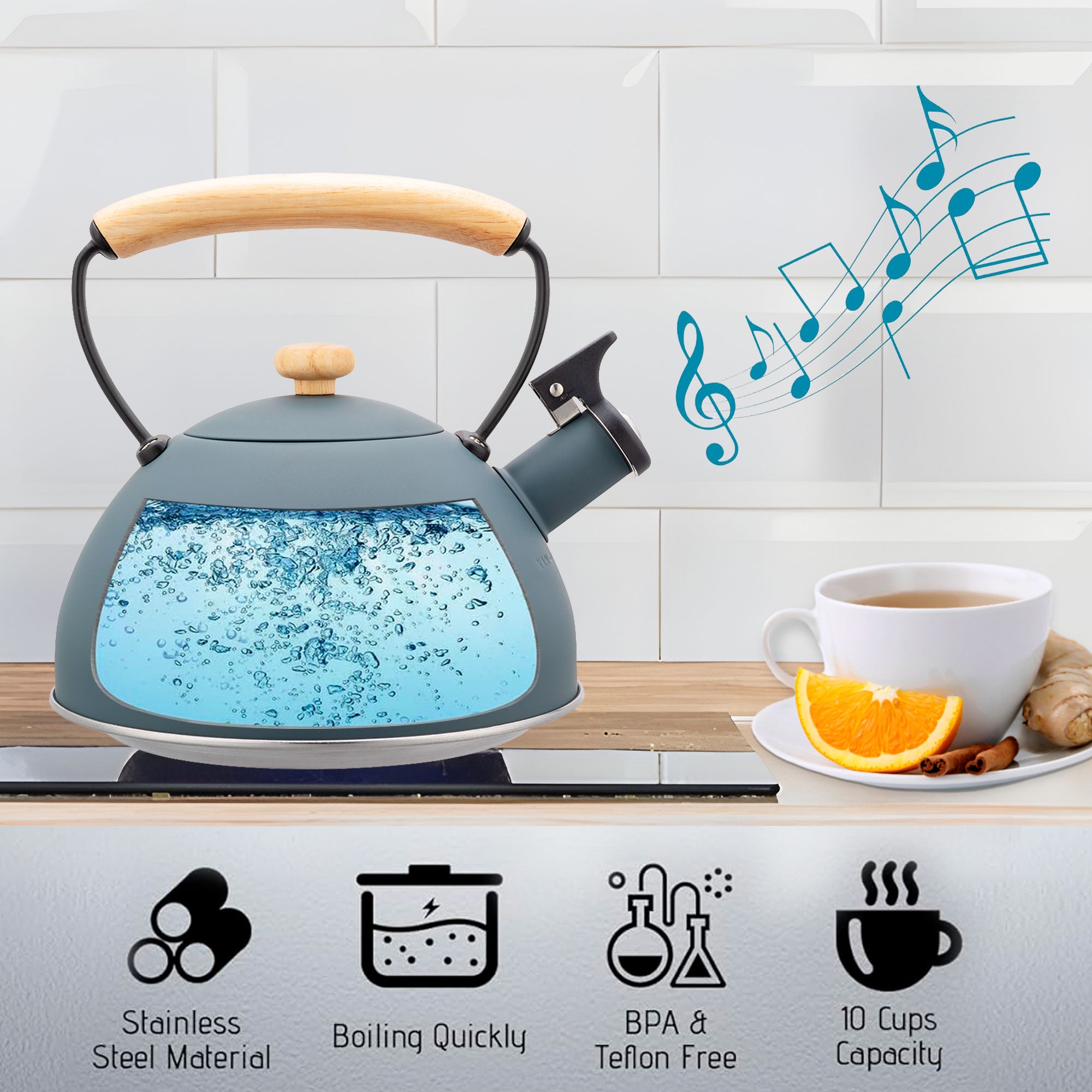 Bouilloire à Induction Théière Sifflet 2,3L  Acier Inox., Poignée en Bois  Gris Nordic - Mathon - 2