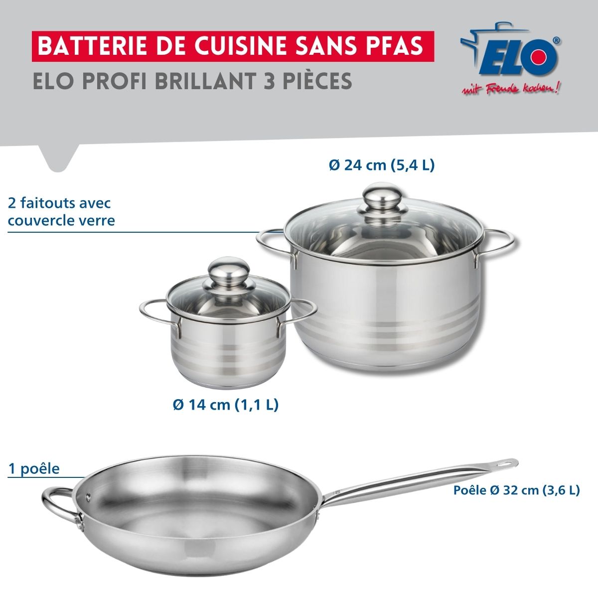 Ensemble de 1 Poêle de cuisson 32 cm et 2 faitouts 14 et 24 cm  Profi Brillant Elo - Mathon - 2