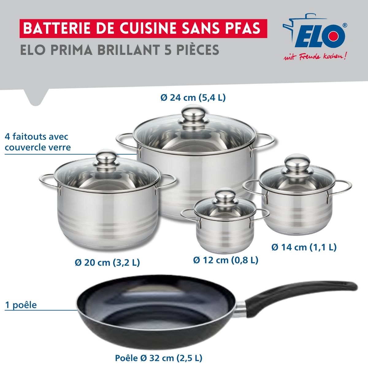 Ensemble de 1 Poêle de cuisson 32 cm et 4 faitouts 12, 14, 20 et 24 cm  Prima Brillant Elo - Mathon - 2