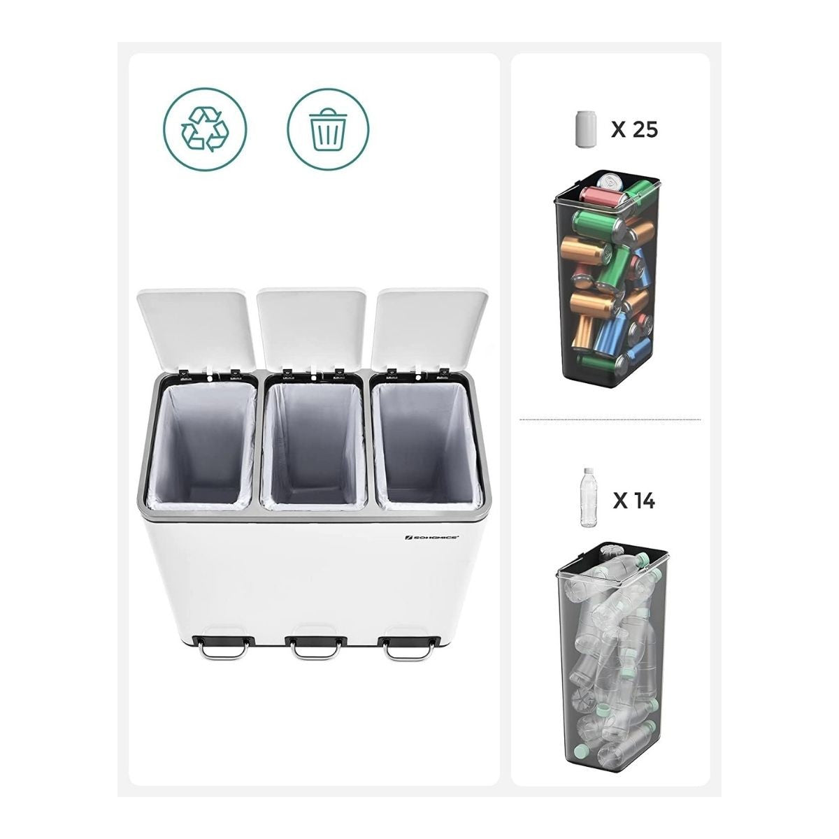 Poubelle de tri 3 bacs de 18L blanche à pédale Calicosy - Mathon - 4