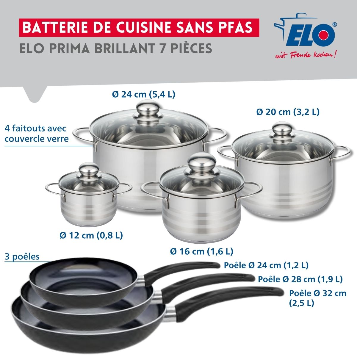 Ensemble de 3 Poêles de cuisson 24, 28 et 32 cm et 4 faitouts 12, 16, 20 et 24 cm  Prima Brillant Elo - Mathon - 2