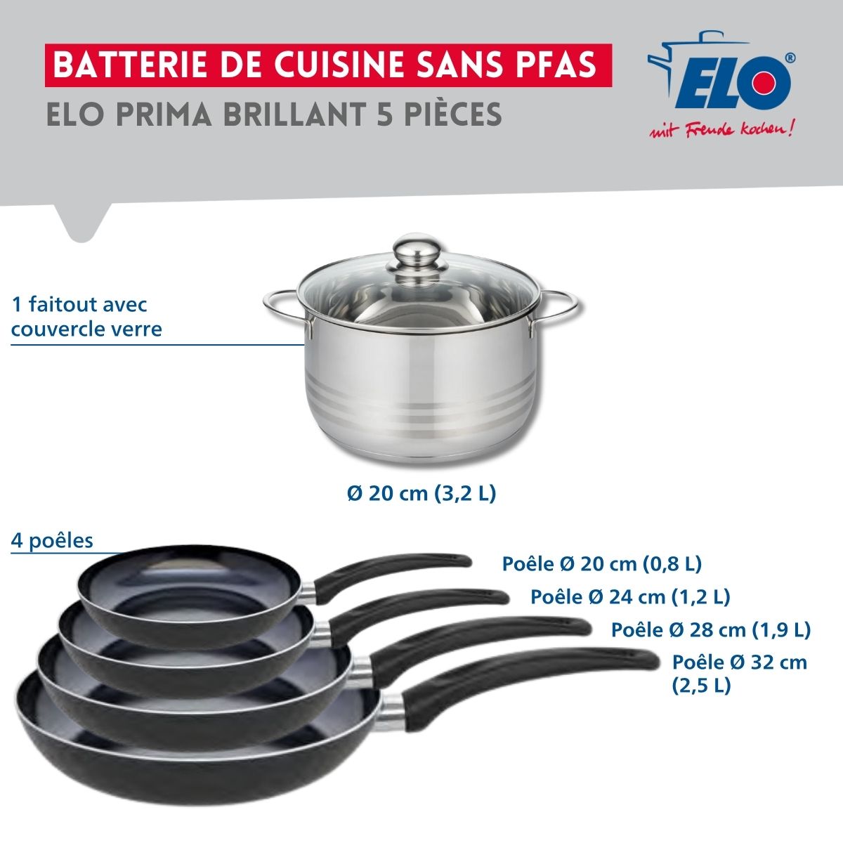 Ensemble de 4 Poêles de cuisson 20, 24, 28 et 32 cm et 1 faitout 20 cm  Prima Brillant Elo - Mathon - 2