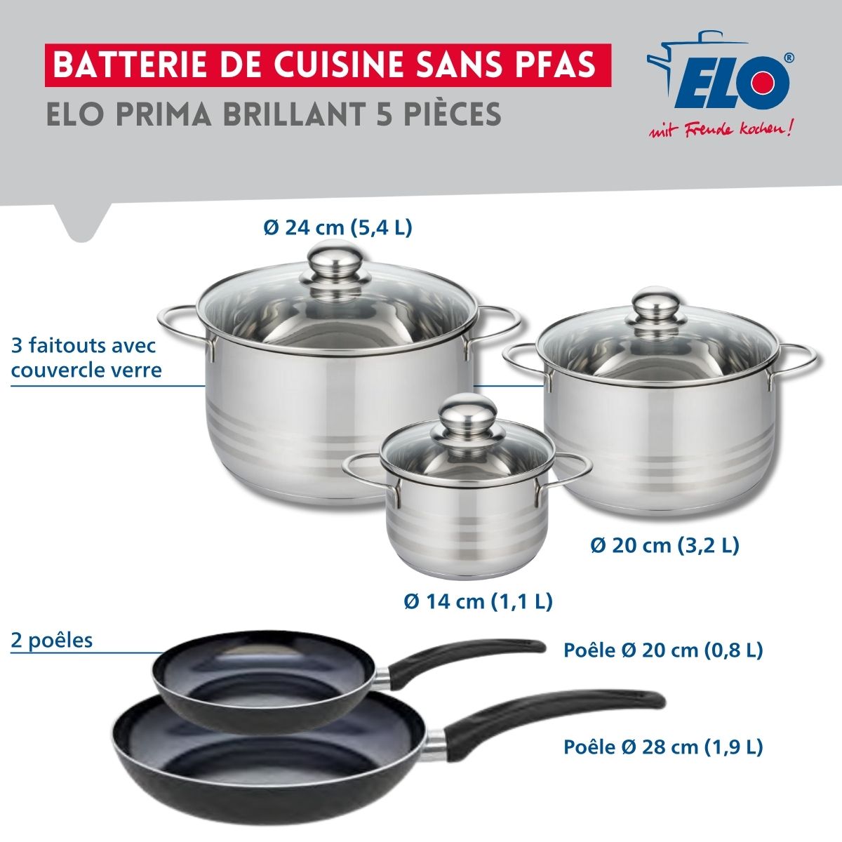 Ensemble de 2 Poêles de cuisson 20 et 28 cm et 3 faitouts 14, 20 et 24 cm  Prima Brillant Elo - Mathon - 2