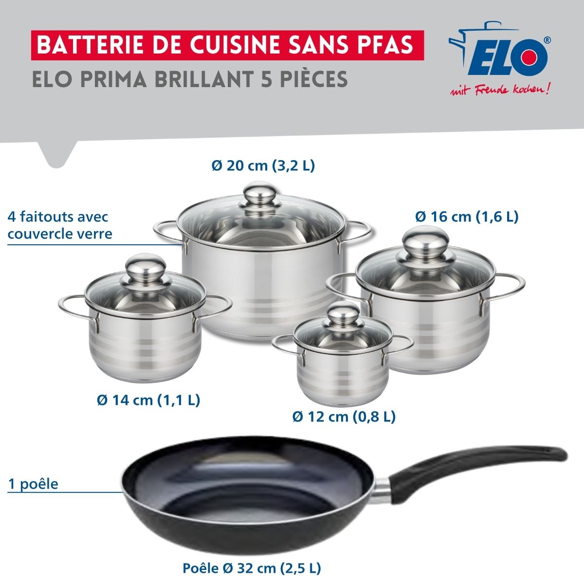 Ensemble de 1 Poêle de cuisson 32 cm et 4 faitouts 12, 14, 16 et 20 cm  Prima Brillant Elo - Mathon - 2