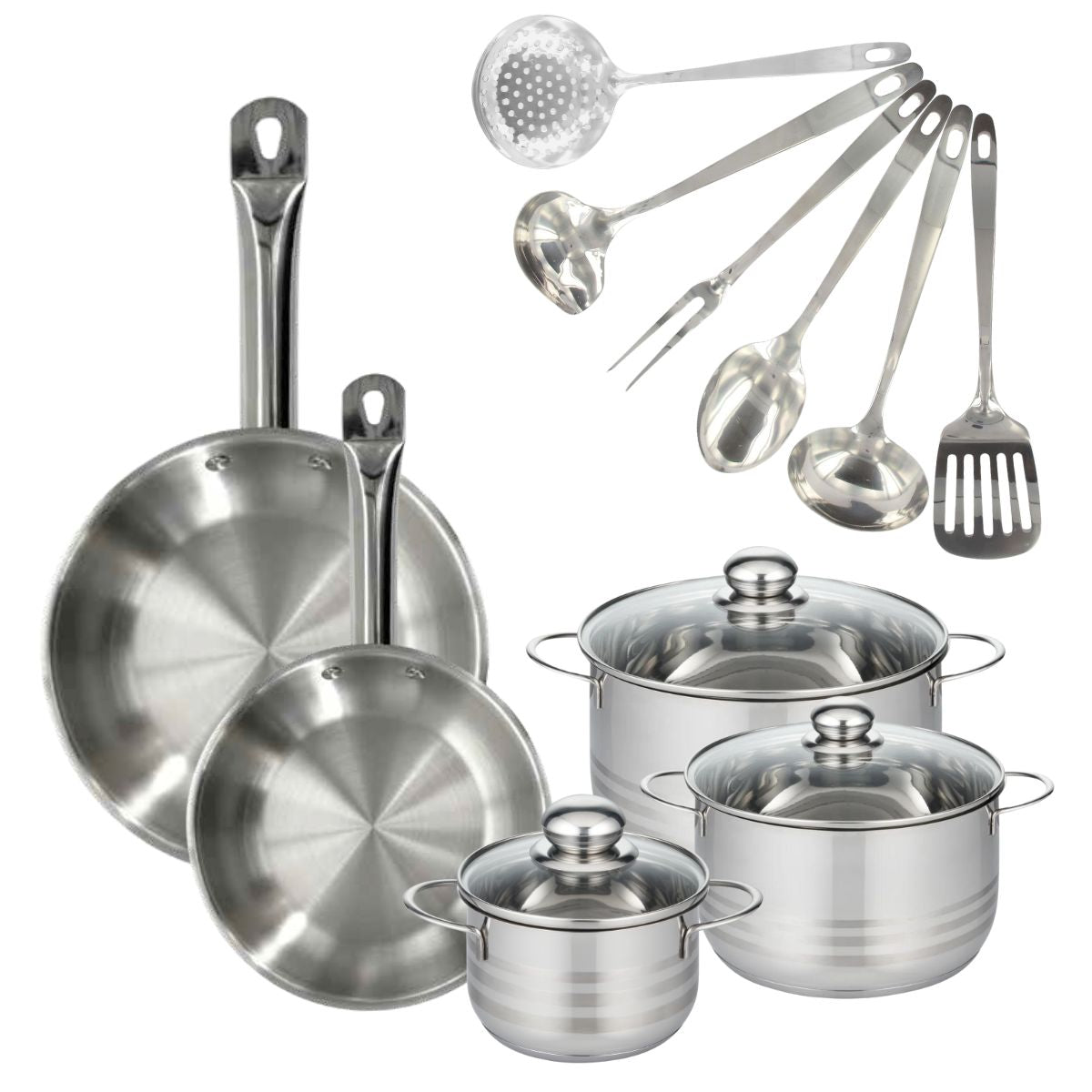 Set 2 poêles 24 et 28 cm en inox, 3 faitouts inox 16, 20 et 24 cm et 6 ustensiles inox  Eterna Fackelmann - Mathon - 1