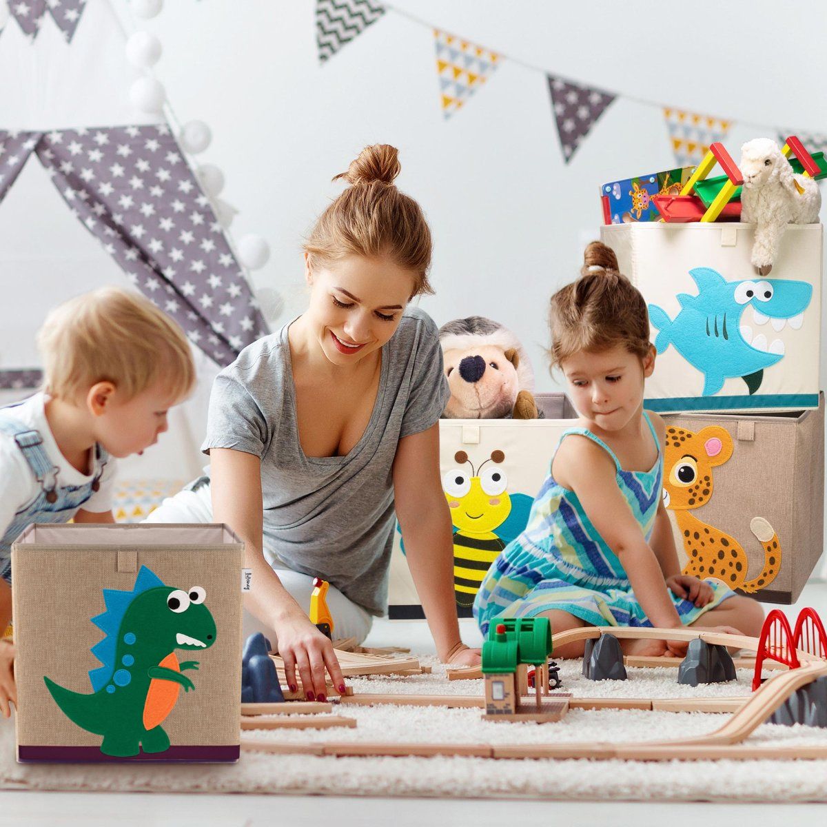 Boîte de rangement en tissu pour enfant "dinosaure vert foncé", compatible Ikea Kallax Lifeney Fackelmann - Mathon - 2