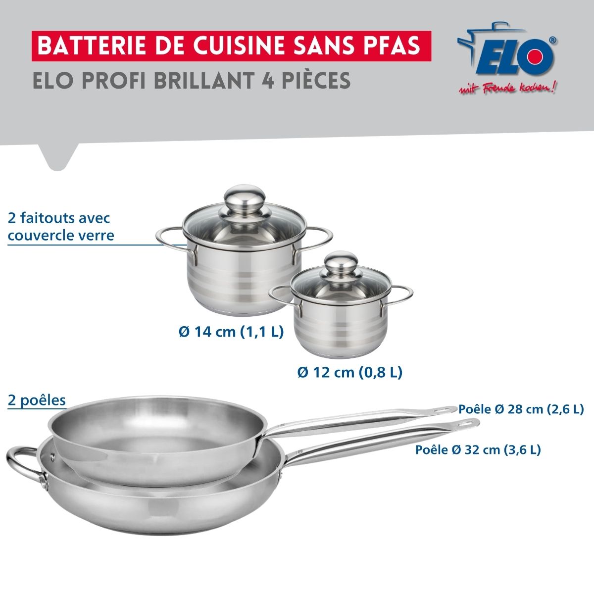 Ensemble de 2 Poêles de cuisson 28 et 32 cm et 2 faitouts 12 et 14 cm  Profi Brillant Elo - Mathon - 2