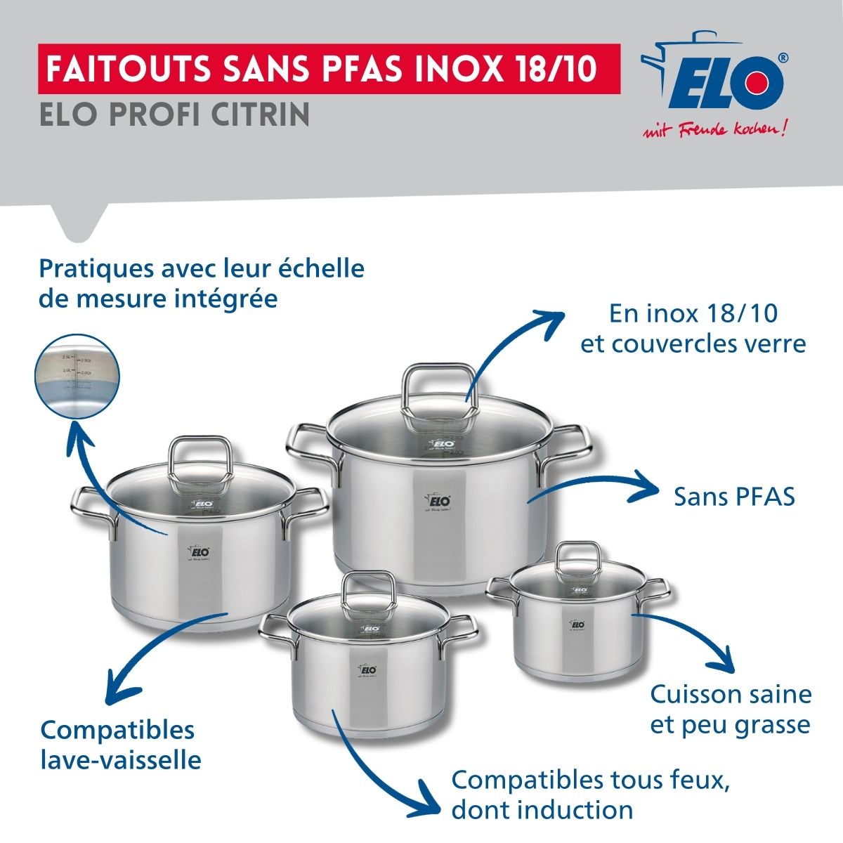 Ensemble de 2 Poêles de cuisson 24 et 32 cm et 4 faitouts 12, 14, 16 et 20 cm  Profi Citrin Elo - Mathon - 3