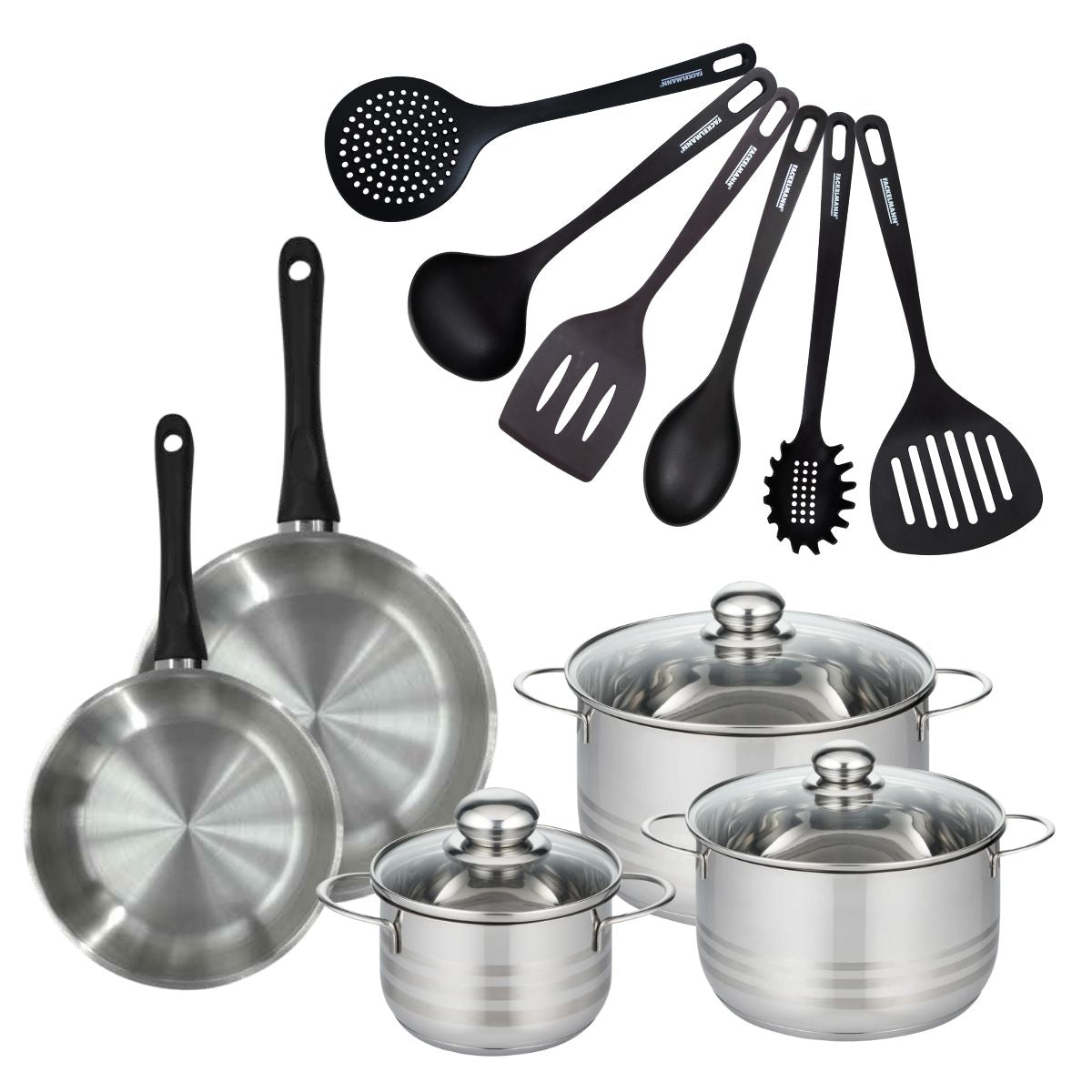 Set de 2 poêles 20 et 24 cm en inox, 3 faitouts inox 16, 20 et 24 cm et 6 ustensiles RPET  Geneva Fackelmann - Mathon - 1