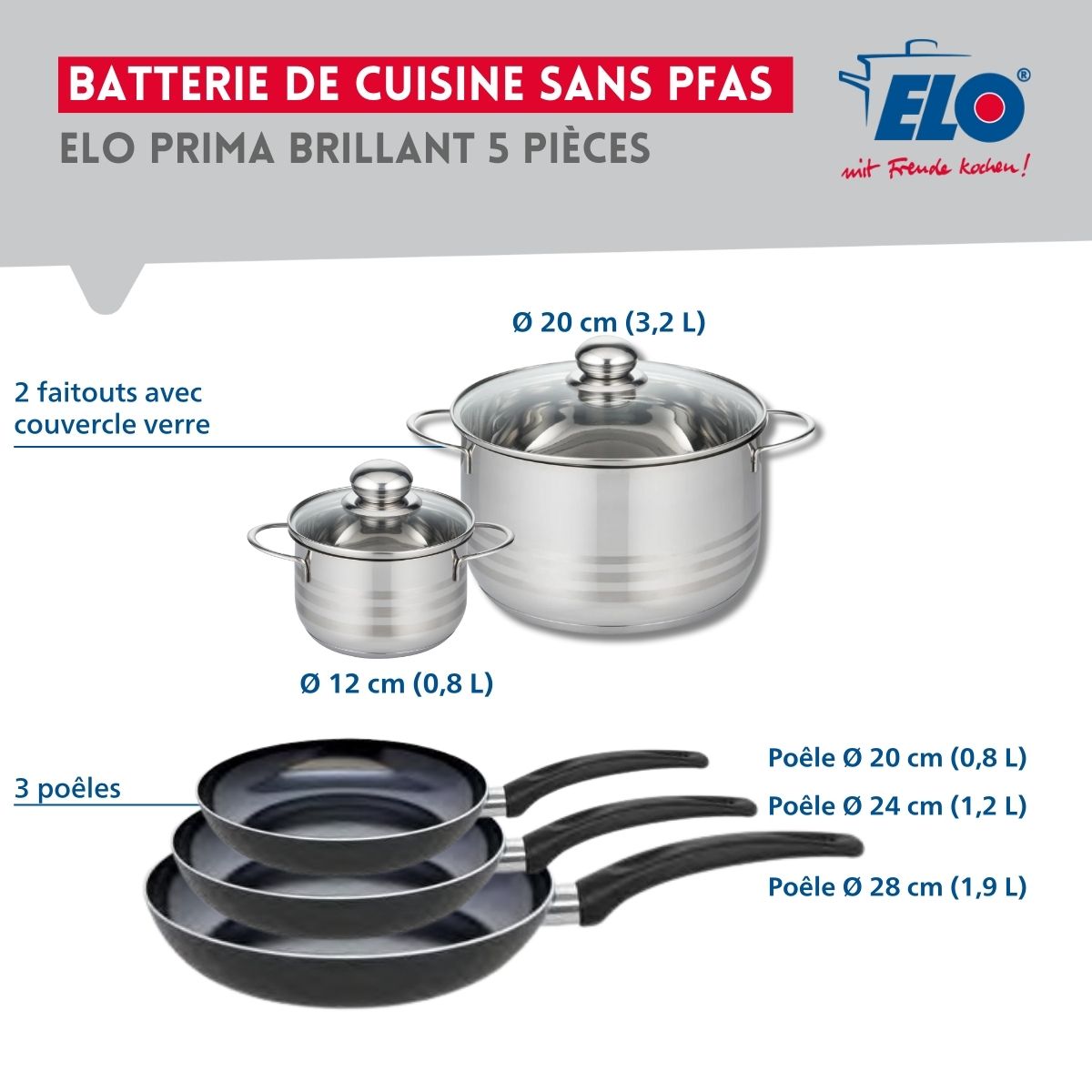 Ensemble de 3 Poêles de cuisson 20, 24 et 28 cm et 2 faitouts 12 et 20 cm  Prima Brillant Elo - Mathon - 2