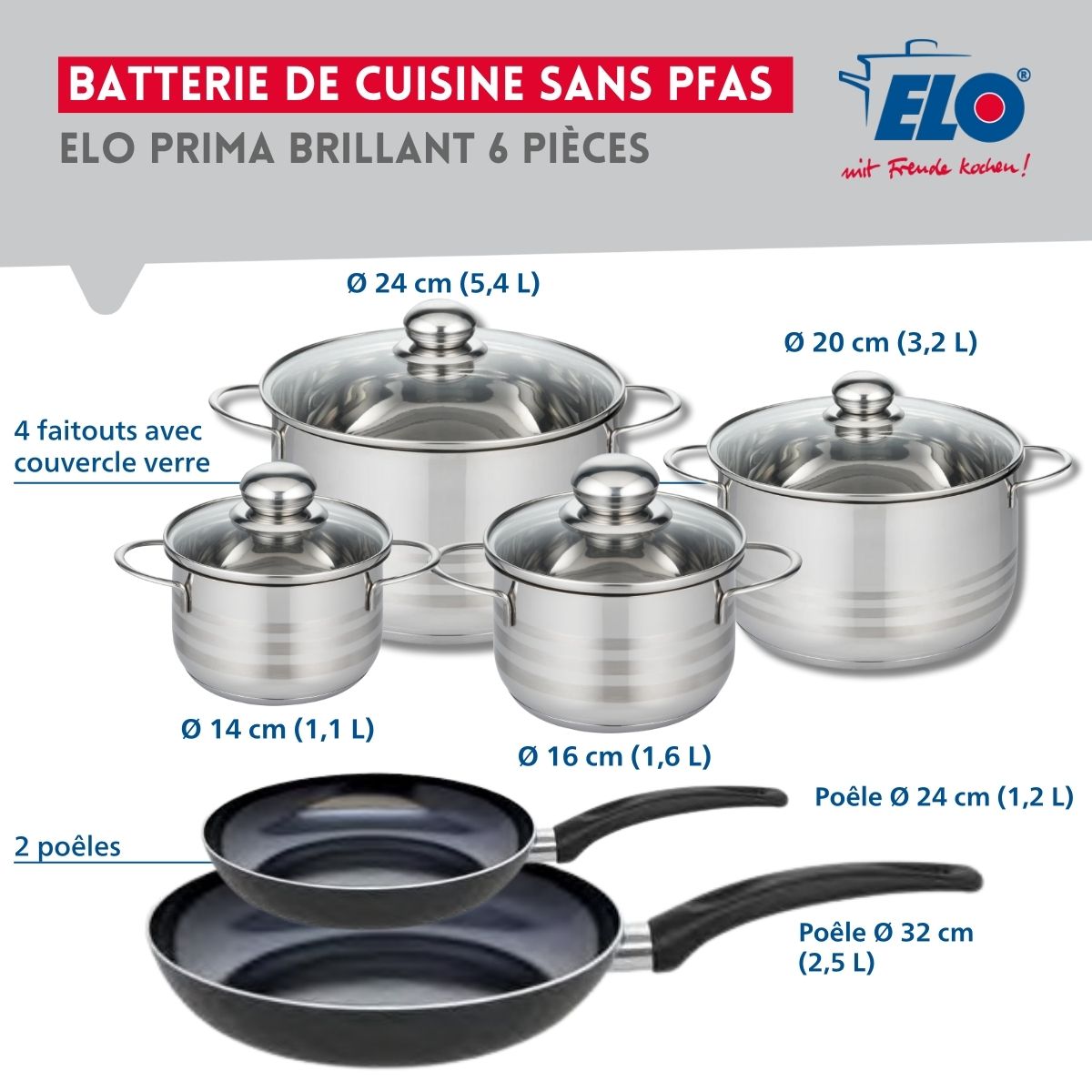 Ensemble de 2 Poêles de cuisson 24 et 32 cm et 4 faitouts 14, 16, 20 et 24 cm  Prima Brillant Elo - Mathon - 2