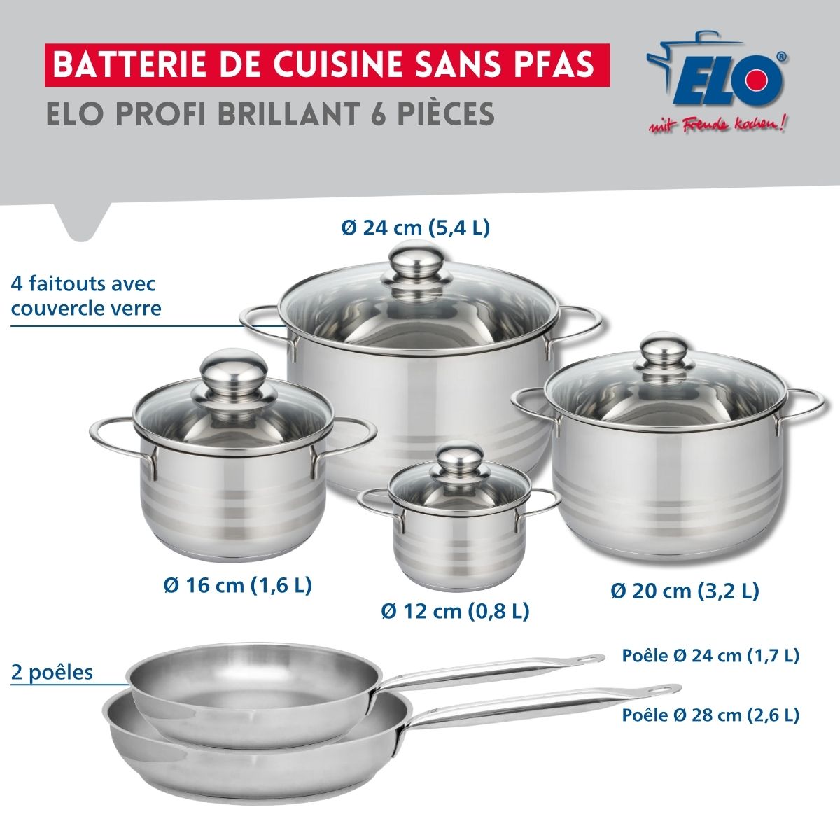Ensemble de 2 Poêles de cuisson 24 et 28 cm et 4 faitouts 12, 16, 20 et 24 cm  Profi Brillant Elo - Mathon - 2