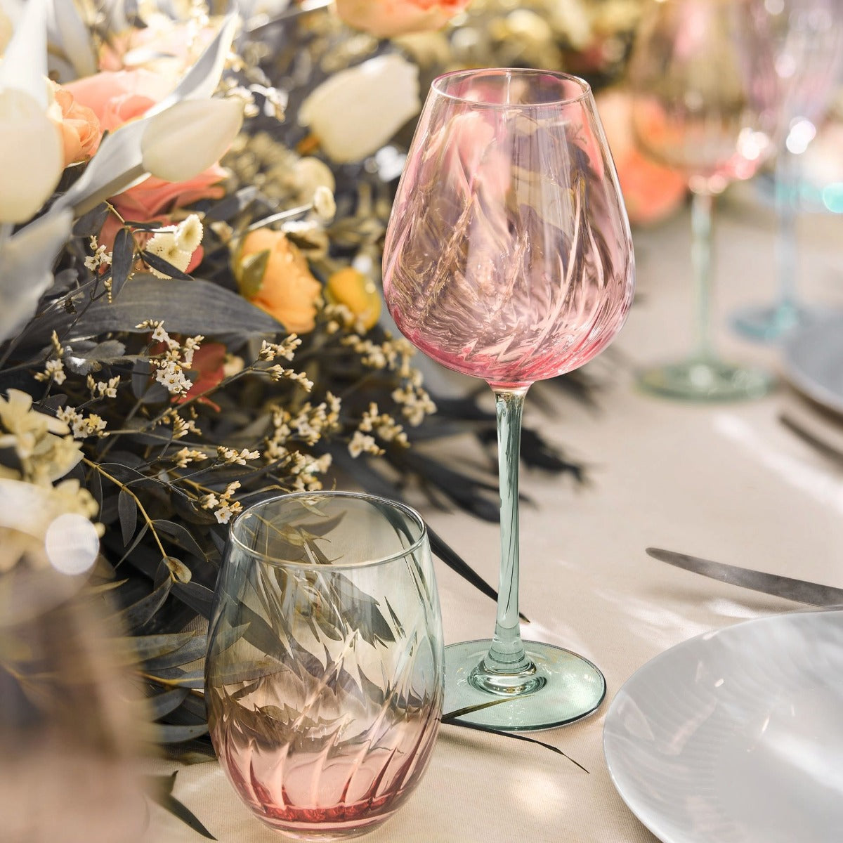 Ensemble 12 verres à pied et gobelets Swirly Spring - Cristal d