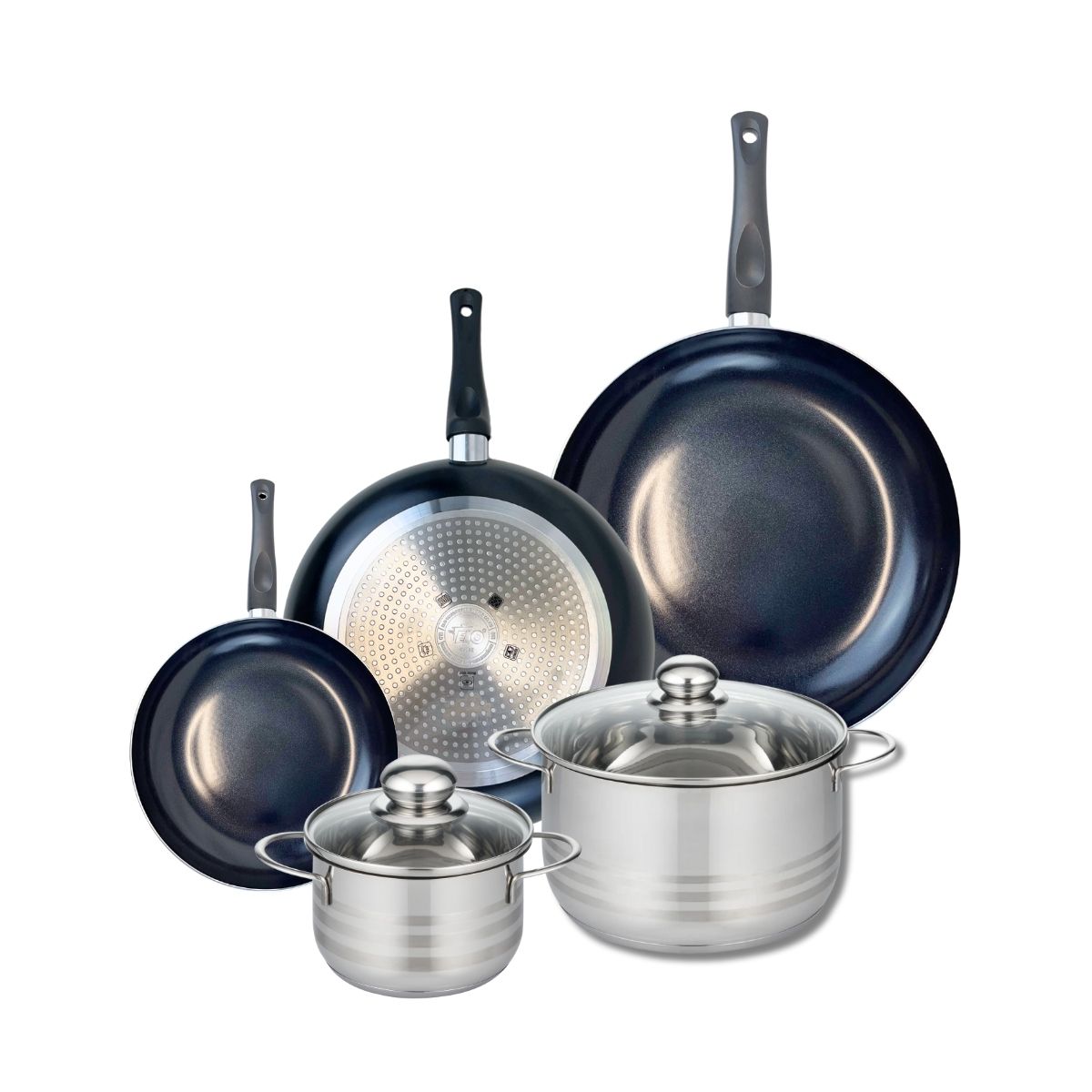 Ensemble de 3 Poêles de cuisson 20, 28 et 32 cm et 2 faitouts 14 et 20 cm  Prima Brillant Elo - Mathon - 1