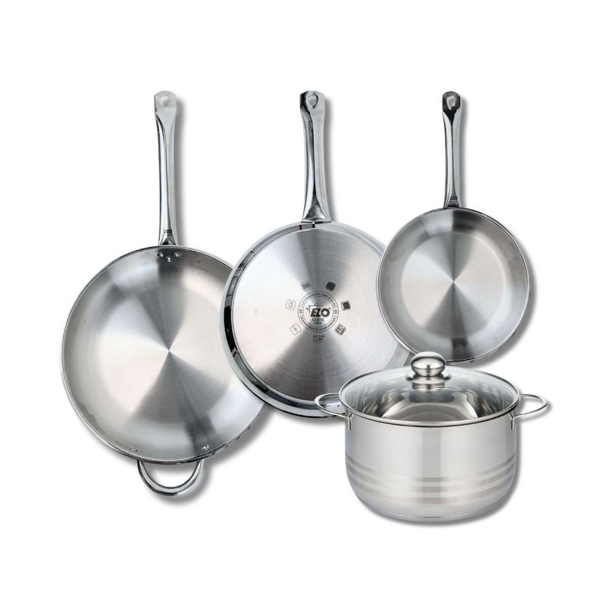 Ensemble de 3 Poêles de cuisson 24, 28 et 32 cm et 1 faitout 24 cm  Profi Brillant Elo - Mathon - 1