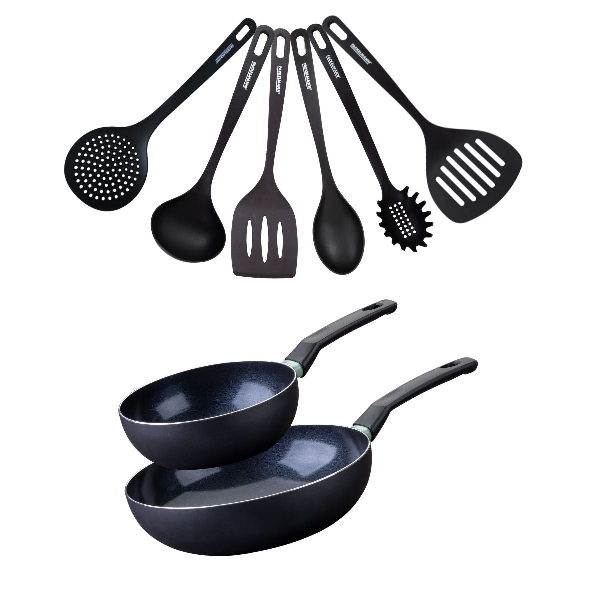 Set de 2 woks de 20 et 28 cm et 6 ustensiles  Brandao Fackelmann - Mathon - 1